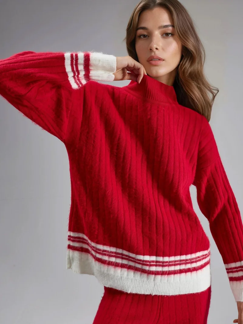 My Fashion Red MY FASHION Striped Ribbed Knit Co-Ord Set with Half Turtleneck for Women | Best Price UAE